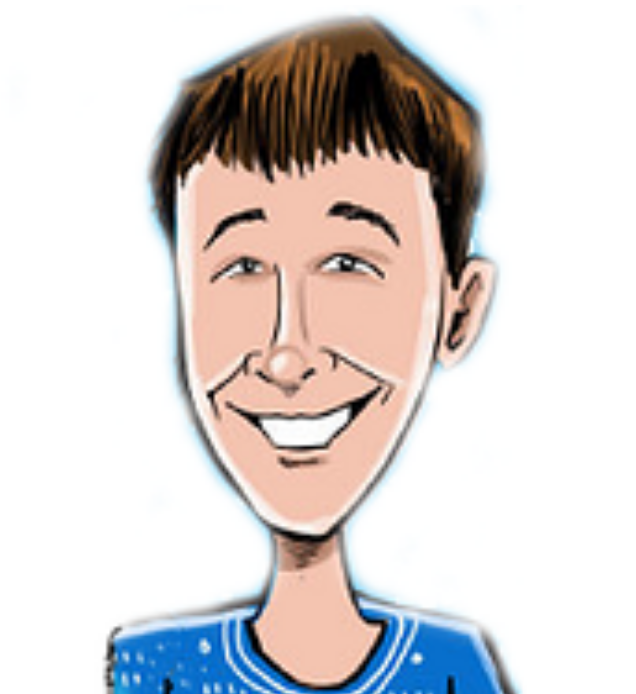 a cartoon drawing of James Gable, A white male with brown hair wearing a blue sweater.